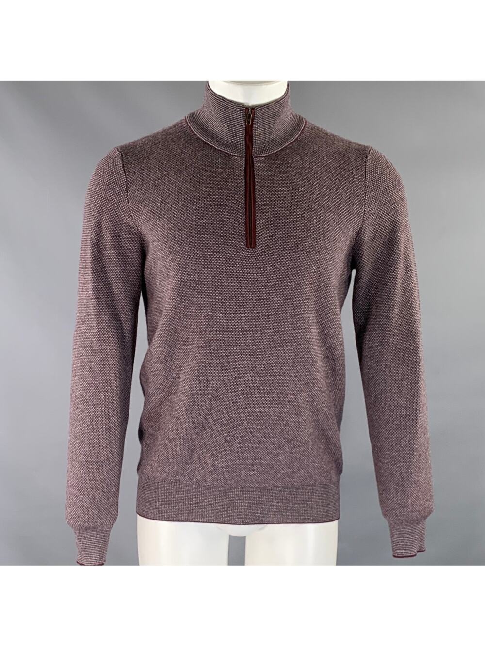 LUCIANO BARBERA Size S Burgundy Grey Heather Cashmere 1/4 Zip Pullover